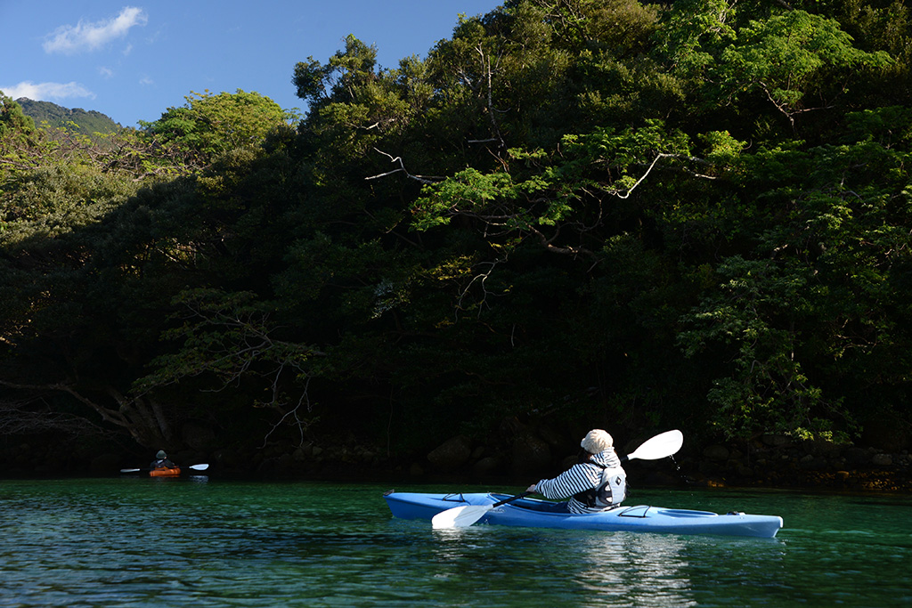 エメラルドグリーンに輝く栗生川の水面を漕ぎ進めるA君とEさんの写真