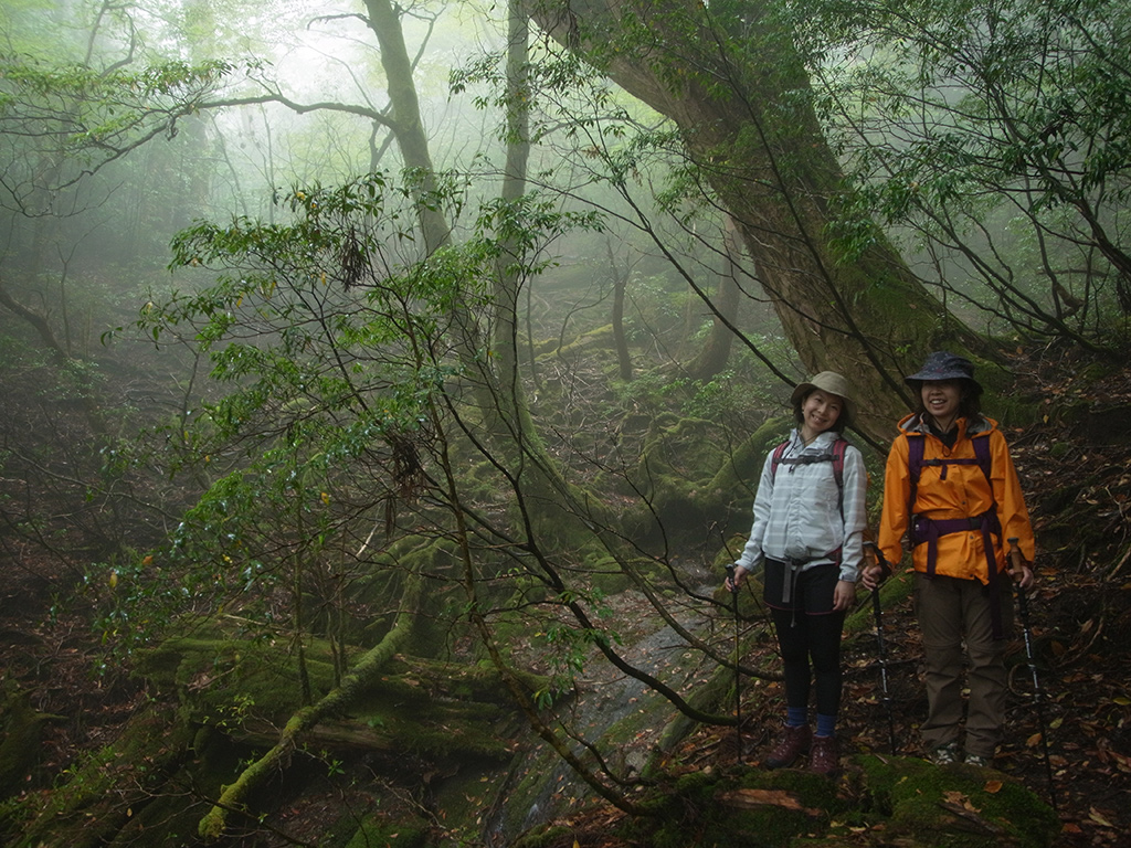 小さな森のギャップに浮かび上がる苔の空間に心打たれ、その景色をバックに参加者二人の写真