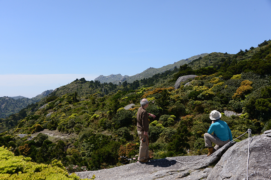 遠くに宮之浦岳の稜線が伸びていて、気持ち良さそうに何処を見る訳でもなく眺め続けるご夫妻の写真