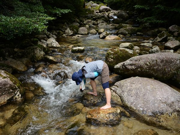 ズボンをめくり上げて沢の水の気持ちよさを満喫している参加者の後ろ姿写真