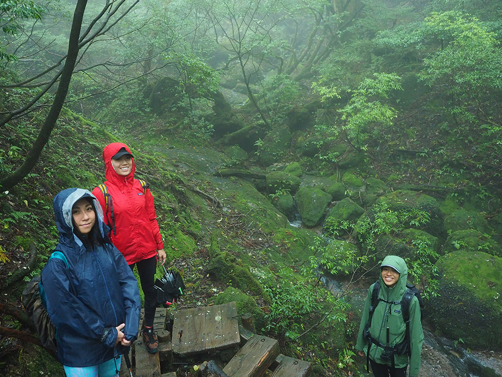 雨の日にはとても映えるスポットでカッパを着た参加者３人の写真